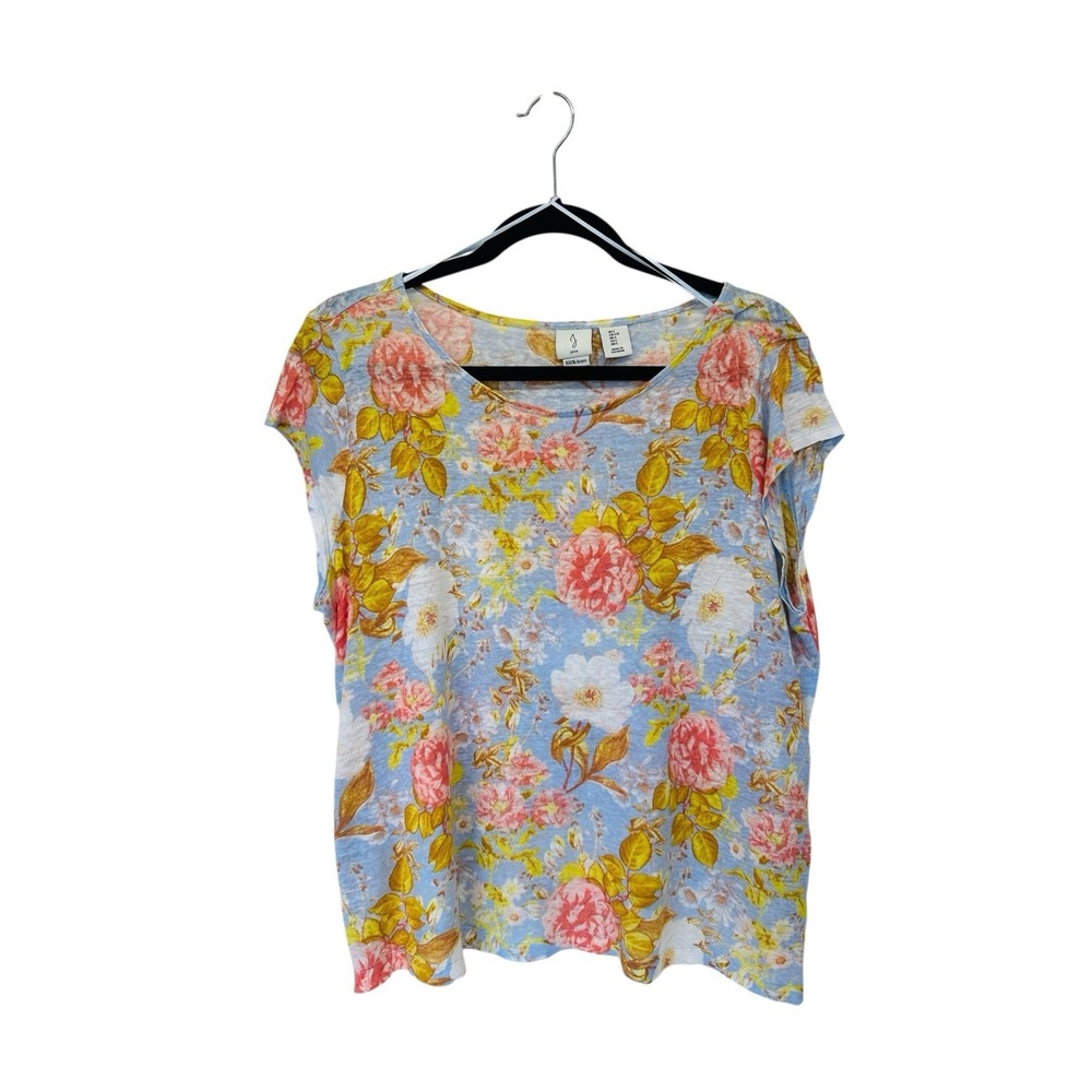 Joie Top Blouse 100%  Linen Floral Button Accent Side Popover Cap Sleeve Size L